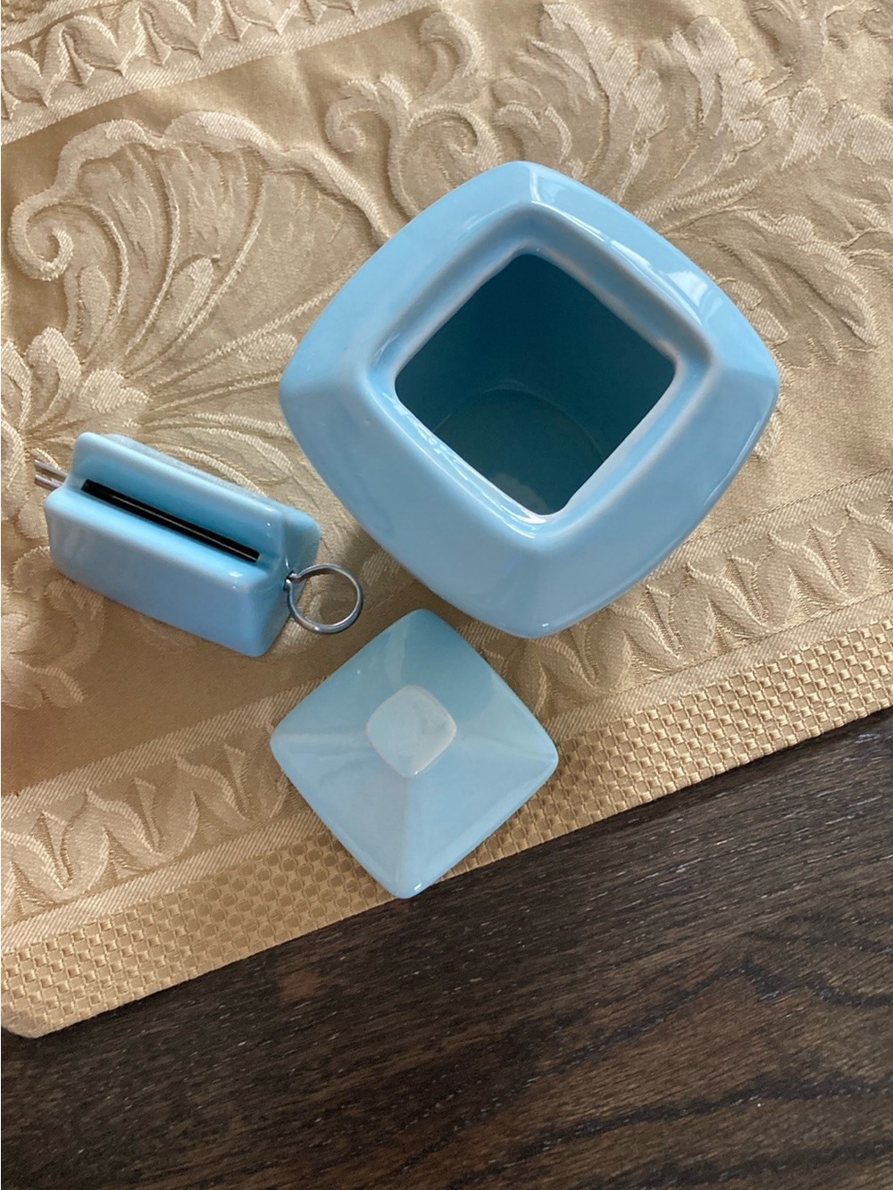 Vintage Light Blue Ceramic Cotton Ball Jar with Lid and Toothpaste Squeezer